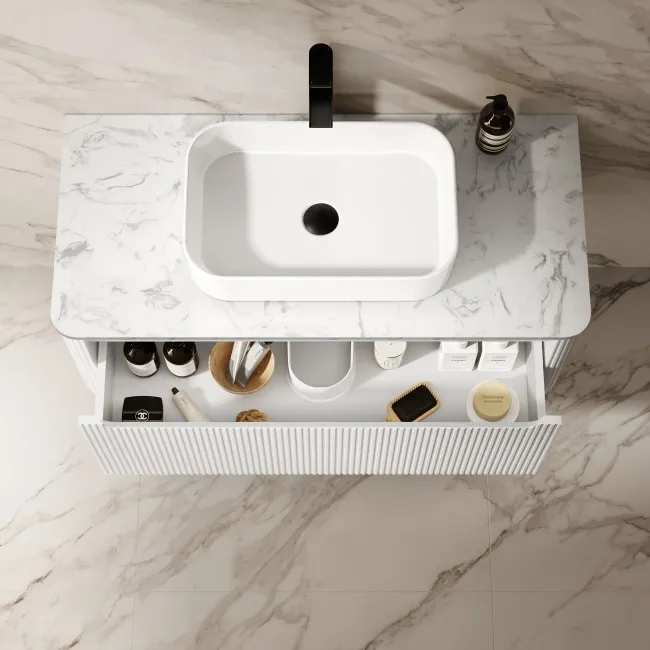Sorrento Fluted Coastal White Wall Hung Drawer Vanity with Marble Top & Marin Basin 1000mm