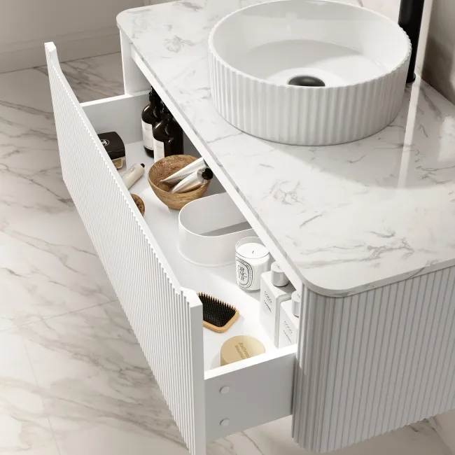 Sorrento Fluted Coastal White Wall Hung Drawer Vanity with Marble Top & Nevis Basin 1000mm