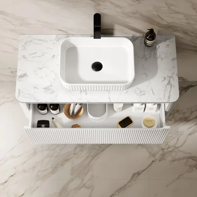 Sorrento Fluted Coastal White Wall Hung Drawer Vanity with Marble Top & Reno Basin 1000mm