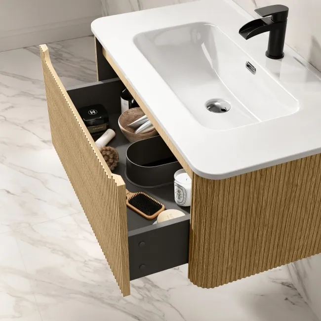 Sorrento Fluted Country Oak Wall Hung Basin Drawer Vanity 800mm