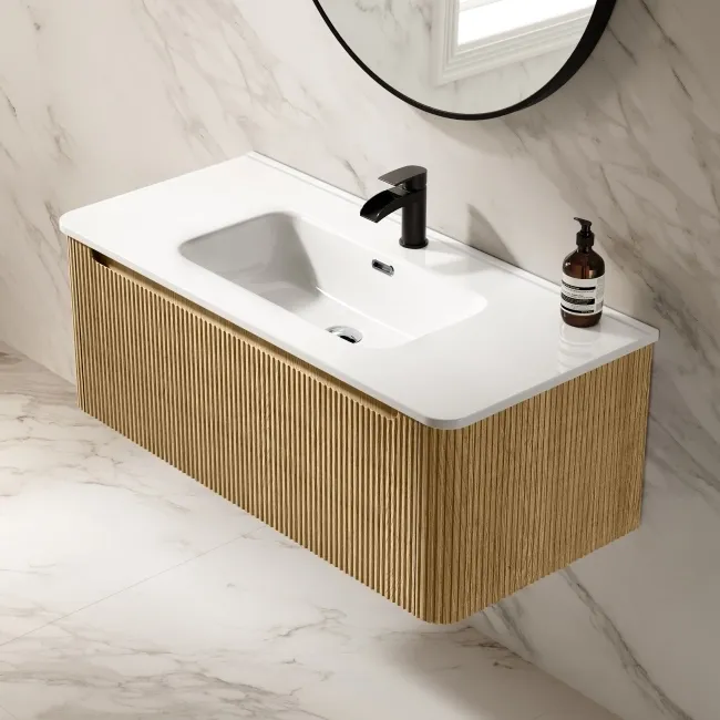 Sorrento Fluted Country Oak Wall Hung Basin Drawer Vanity 1000mm