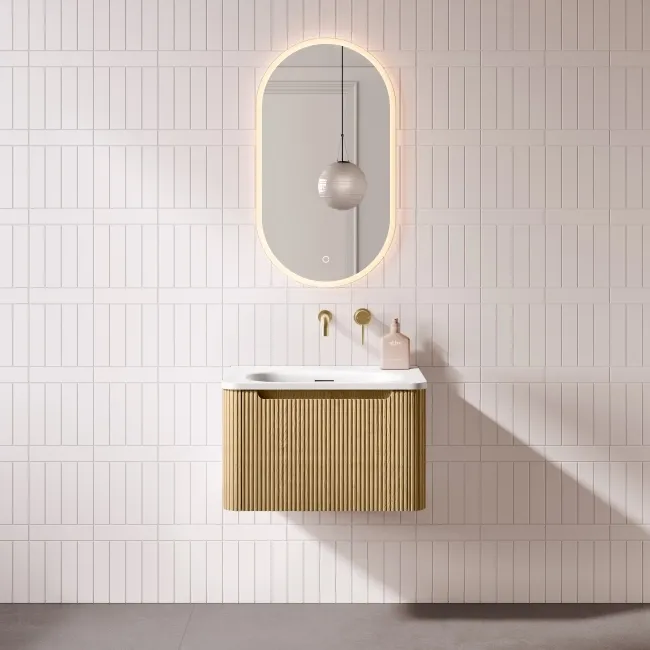 Sorrento Fluted Country Oak Wall Hung Drawer Vanity with Matt White Basin 600mm