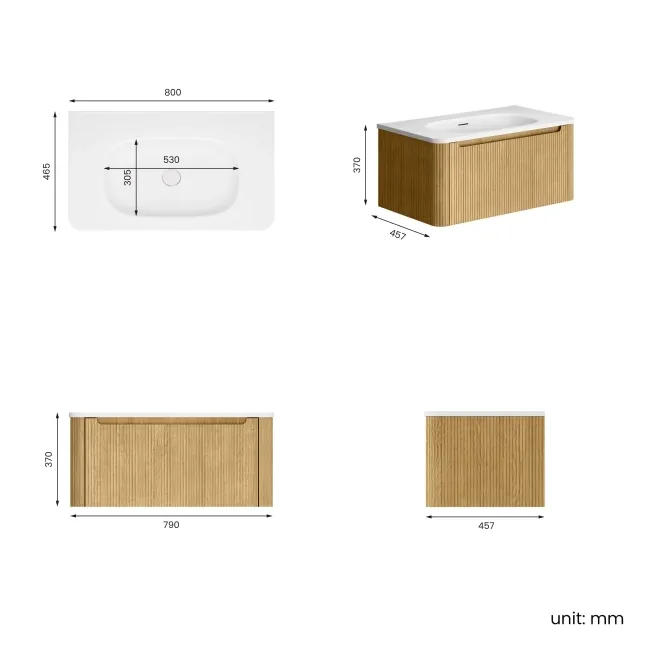 Sorrento Fluted Country Oak Wall Hung Drawer Vanity with Matt White Basin 800mm
