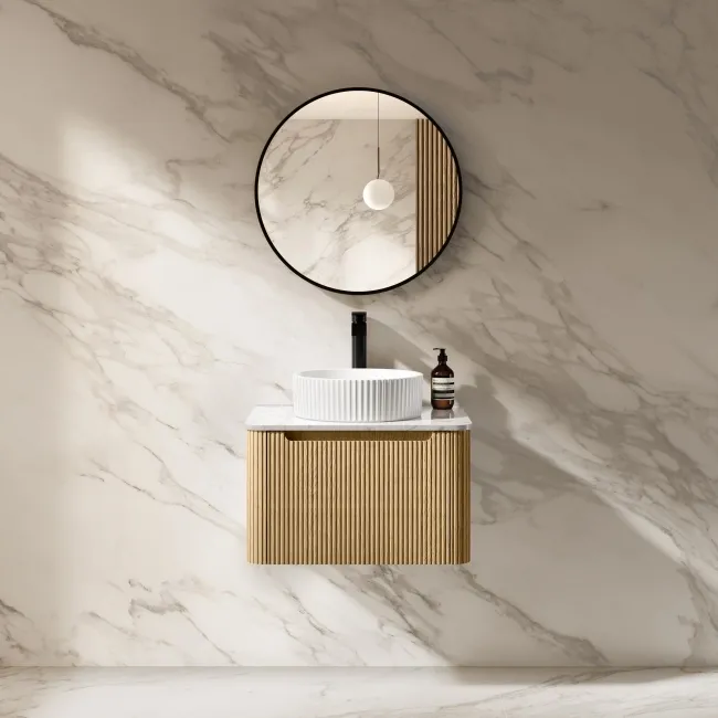 Sorrento Fluted Country Oak Wall Hung Drawer Vanity with Marble Top & Nevis Basin 600mm