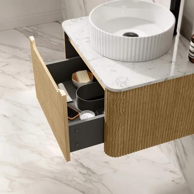 Sorrento Fluted Country Oak Wall Hung Drawer Vanity with Marble Top & Nevis Basin 600mm
