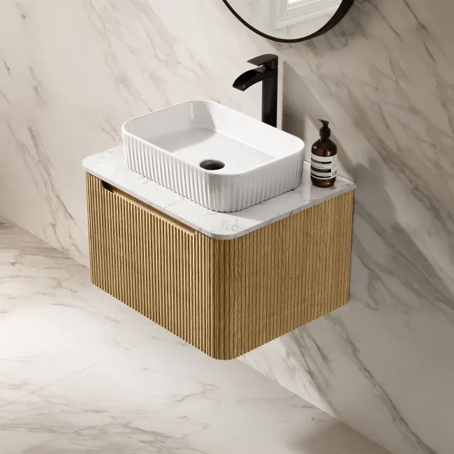 Sorrento Fluted Country Oak Wall Hung Drawer Vanity with Marble Top & Reno Basin 600mm