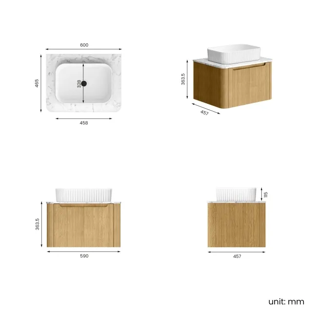 Sorrento Fluted Country Oak Wall Hung Drawer Vanity with Marble Top & Reno Basin 600mm