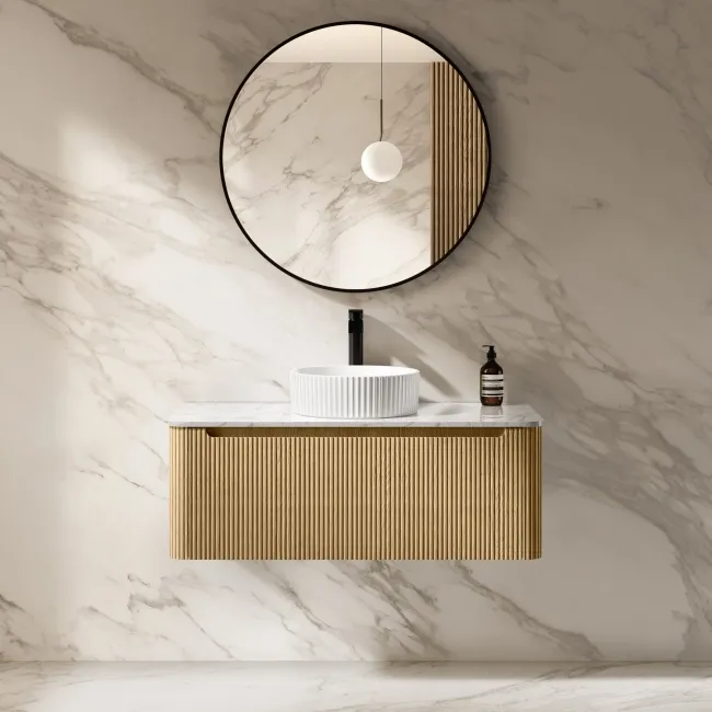 Sorrento Fluted Country Oak Wall Hung Drawer Vanity with Marble Top & Nevis Basin 1000mm