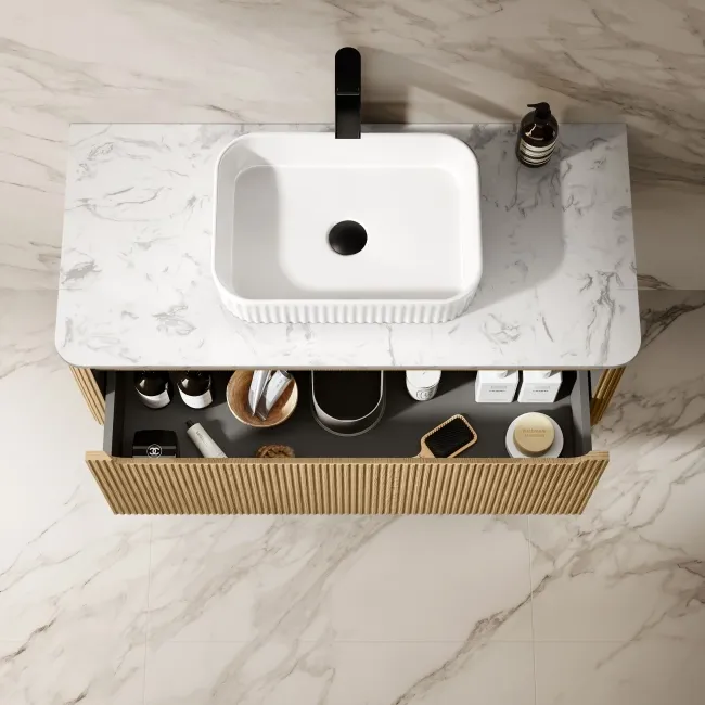 Sorrento Fluted Country Oak Wall Hung Drawer Vanity with Marble Top & Reno Basin 1000mm
