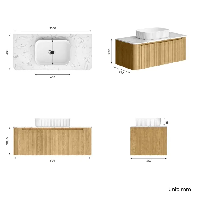 Sorrento Fluted Country Oak Wall Hung Drawer Vanity with Marble Top & Reno Basin 1000mm