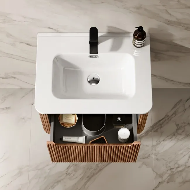 Sorrento Fluted Black Walnut Wall Hung Basin Drawer Vanity 600mm