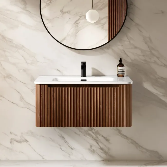 Sorrento Fluted Black Walnut Wall Hung Basin Drawer Vanity 800mm