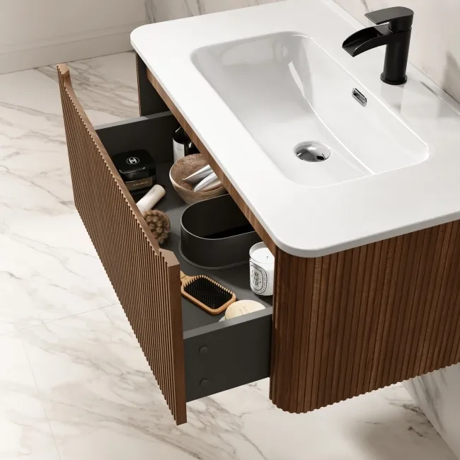 Sorrento Fluted Black Walnut Wall Hung Basin Drawer Vanity 800mm