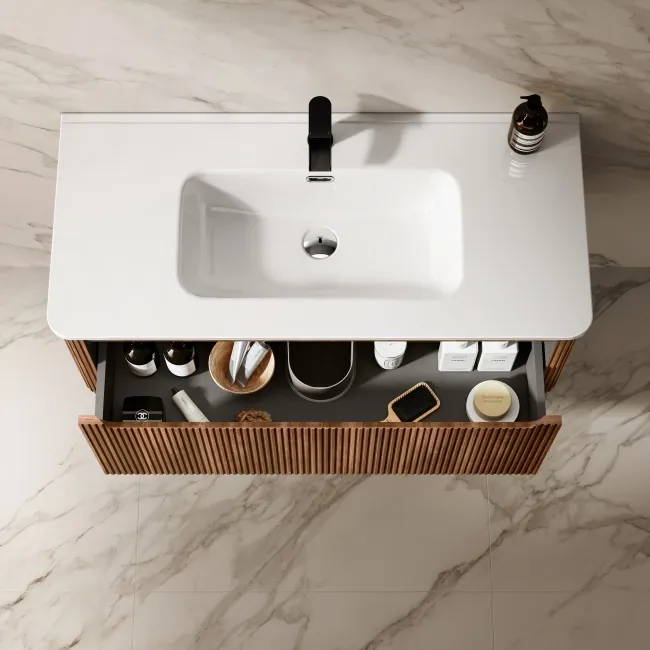 Sorrento Fluted Black Walnut Wall Hung Basin Drawer Vanity 1000mm