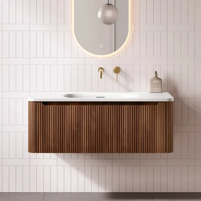 Sorrento Fluted Black Walnut Wall Hung Drawer Vanity with Matt White Basin 1000mm