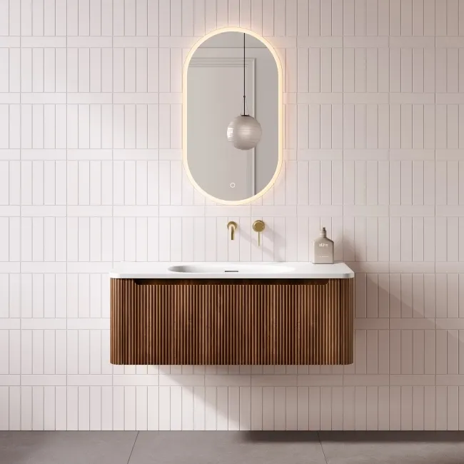 Sorrento Fluted Black Walnut Wall Hung Drawer Vanity with Matt White Basin 1000mm