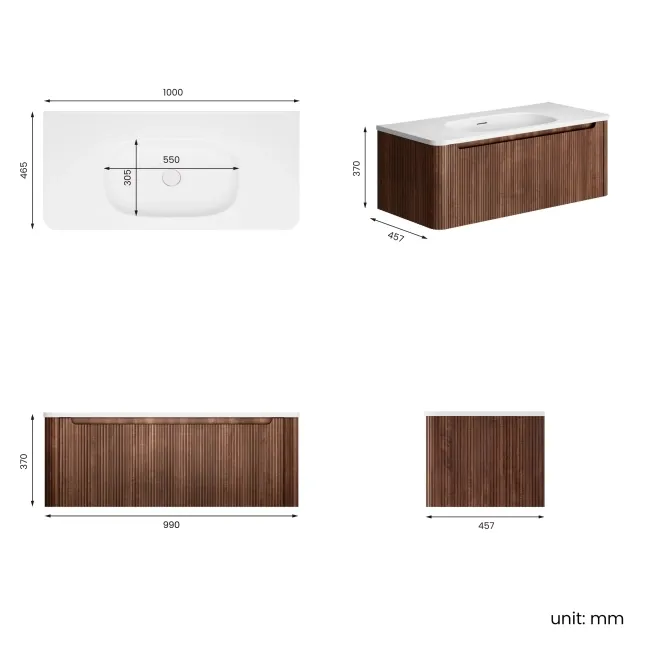 Sorrento Fluted Black Walnut Wall Hung Drawer Vanity with Matt White Basin 1000mm