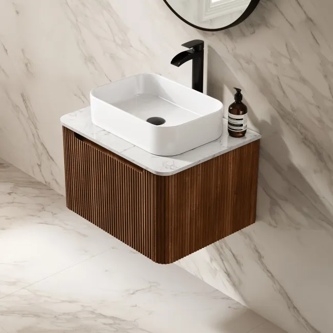 Sorrento Fluted Black Walnut Wall Hung Drawer Vanity with Marble Top & Marin Basin 600mm