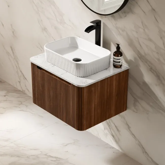 Sorrento Fluted Black Walnut Wall Hung Drawer Vanity with Marble Top & Reno Basin 600mm