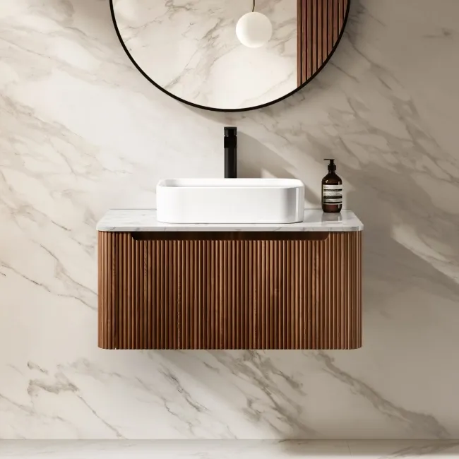 Sorrento Fluted Black Walnut Wall Hung Drawer Vanity with Marble Top & Marin Basin 800mm