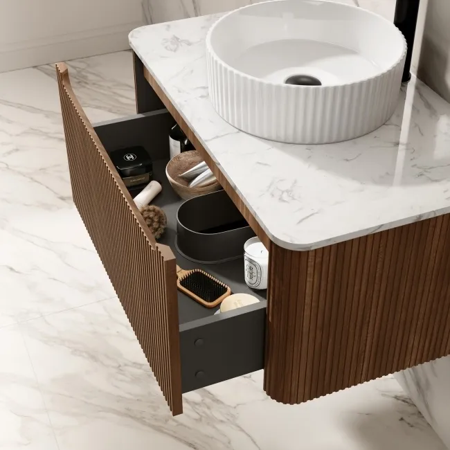 Sorrento Fluted Black Walnut Wall Hung Drawer Vanity with Marble Top & Nevis Basin 800mm