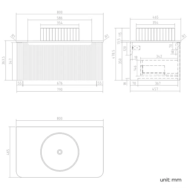 Sorrento Fluted Black Walnut Wall Hung Drawer Vanity with Marble Top & Nevis Basin 800mm