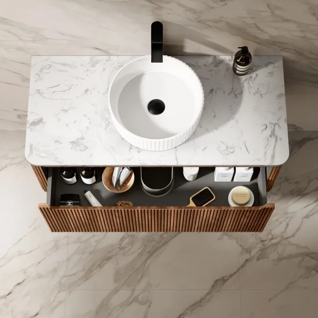 Sorrento Fluted Black Walnut Wall Hung Drawer Vanity with Marble Top & Nevis Basin 1000mm