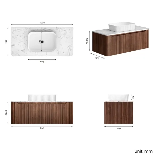 Sorrento Fluted Black Walnut Wall Hung Drawer Vanity with Marble Top & Reno Basin 1000mm