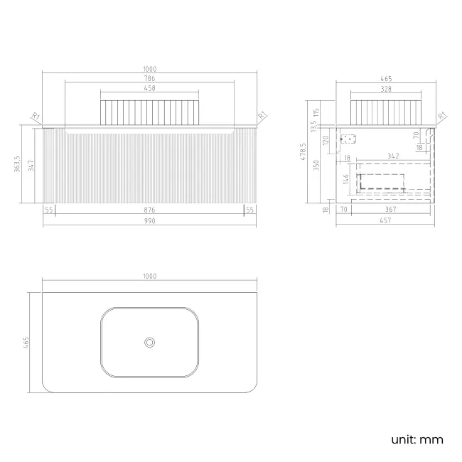 Sorrento Fluted Black Walnut Wall Hung Drawer Vanity with Marble Top & Reno Basin 1000mm