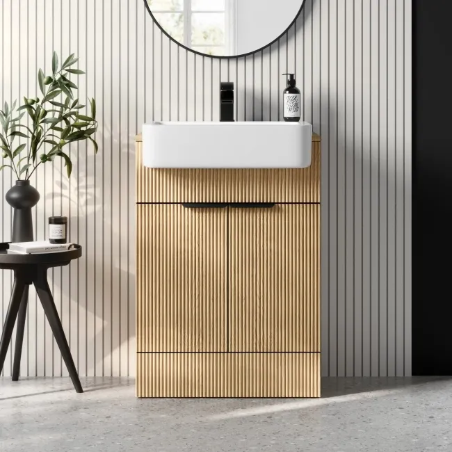 Sicily Fluted Country Oak Vanity with Semi Recessed Basin 600mm - Black Accents