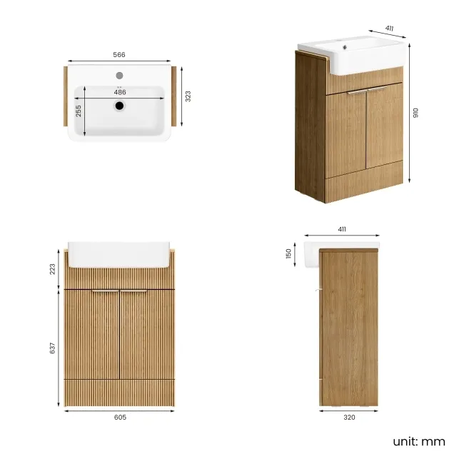 Sicily Fluted Country Oak Vanity with Semi Recessed Basin 600mm - Chrome Handles