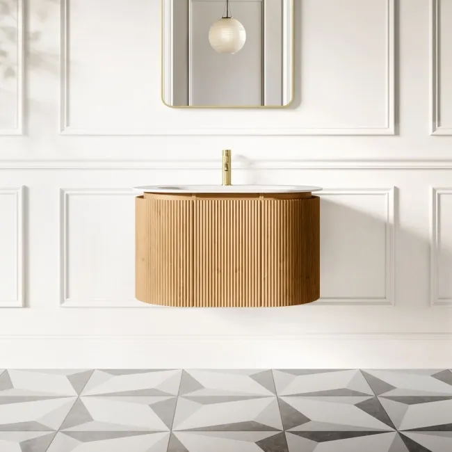 Positano Natural Oak Curved Wall Hung Basin Drawer Vanity 800mm