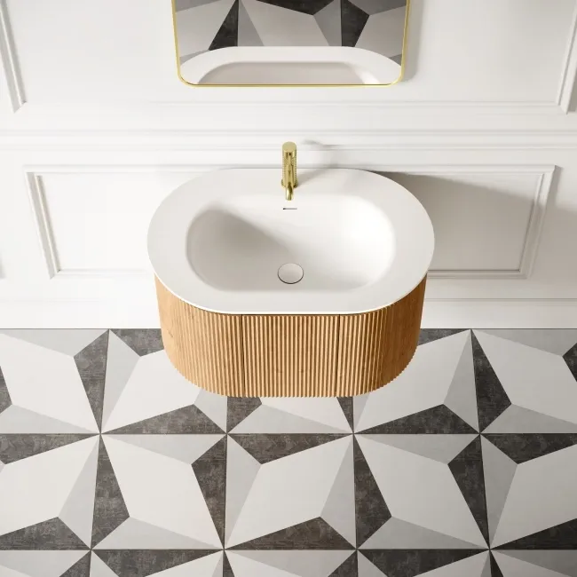 Positano Natural Oak Curved Wall Hung Basin Drawer Vanity 800mm