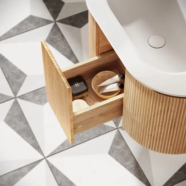 Positano Natural Oak Curved Wall Hung Basin Drawer Vanity 800mm