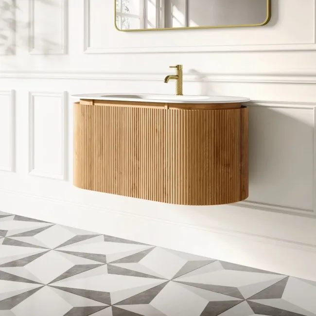 Positano Natural Oak Curved Wall Hung Basin Drawer Vanity 1000mm