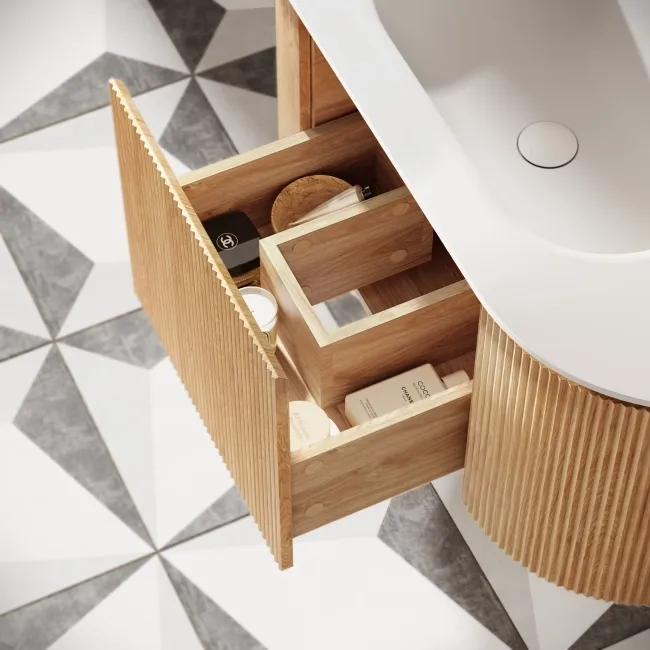 Positano Natural Oak Curved Wall Hung Basin Drawer Vanity 1000mm