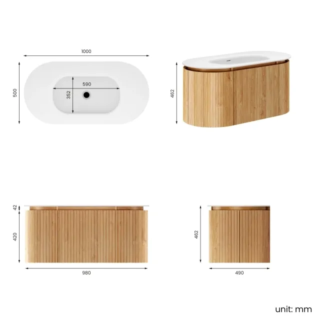 Positano Natural Oak Curved Wall Hung Basin Drawer Vanity 1000mm