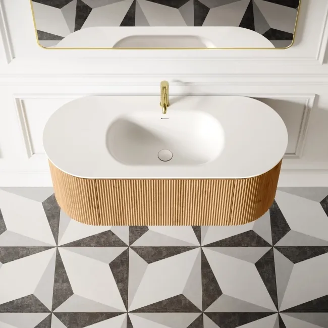 Positano Natural Oak Curved Wall Hung Basin Drawer Vanity 1200mm