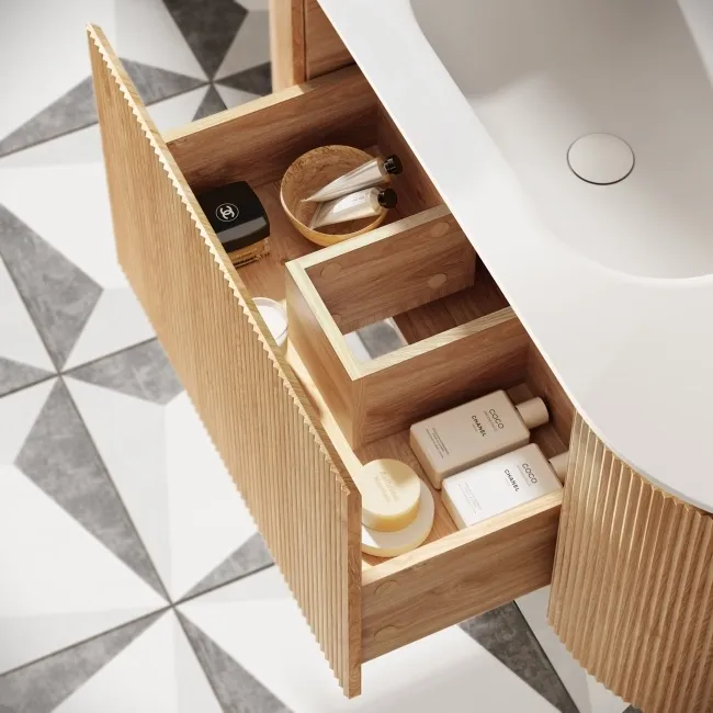 Positano Natural Oak Curved Wall Hung Basin Drawer Vanity 1200mm