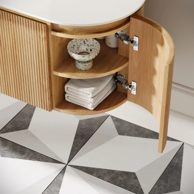 Positano Natural Oak Curved Wall Hung Basin Drawer Vanity 1200mm