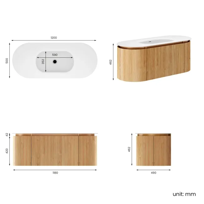 Positano Natural Oak Curved Wall Hung Basin Drawer Vanity 1200mm