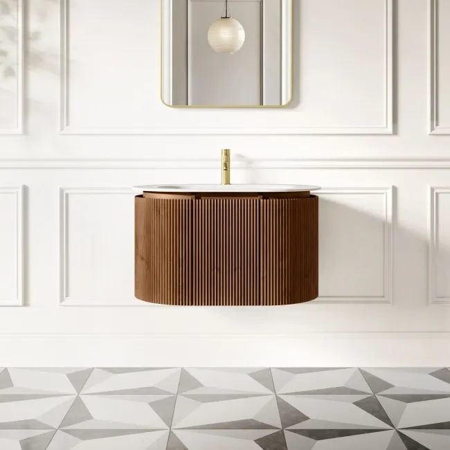 Positano Natural Walnut Curved Wall Hung Basin Drawer Vanity 800mm