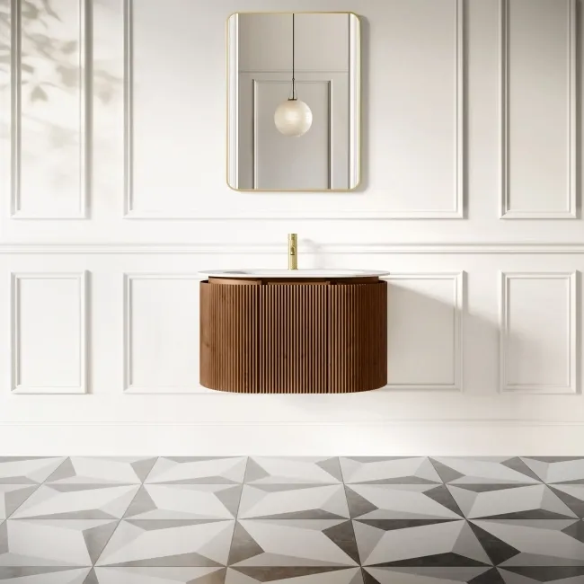 Positano Natural Walnut Curved Wall Hung Basin Drawer Vanity 800mm