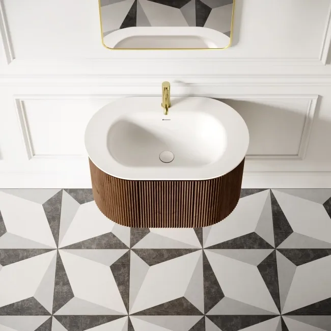 Positano Natural Walnut Curved Wall Hung Basin Drawer Vanity 800mm