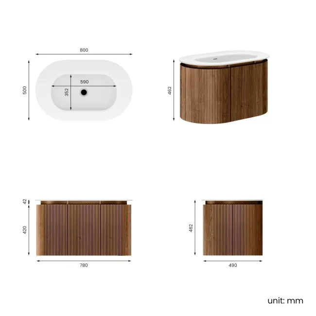 Positano Natural Walnut Curved Wall Hung Basin Drawer Vanity 800mm