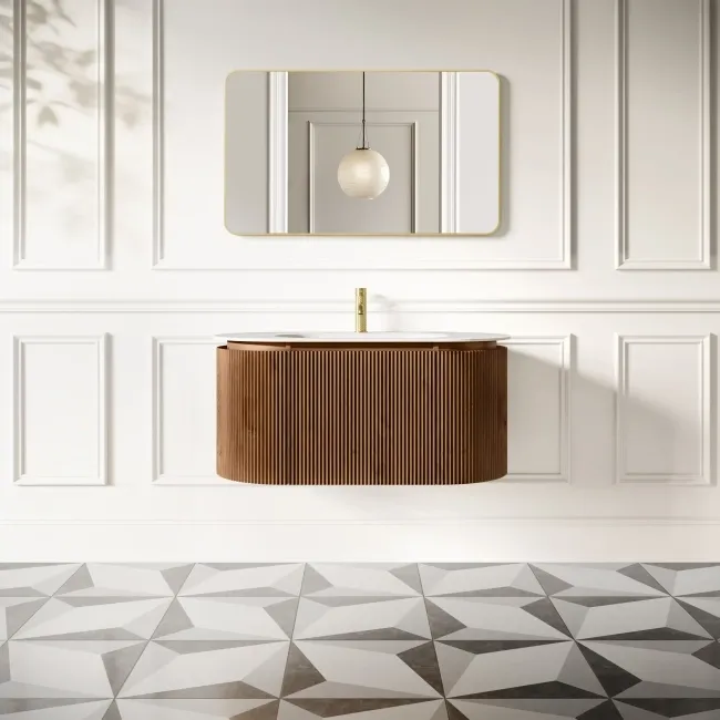 Positano Natural Walnut Curved Wall Hung Basin Drawer Vanity 1000mm