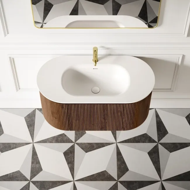 Positano Natural Walnut Curved Wall Hung Basin Drawer Vanity 1000mm