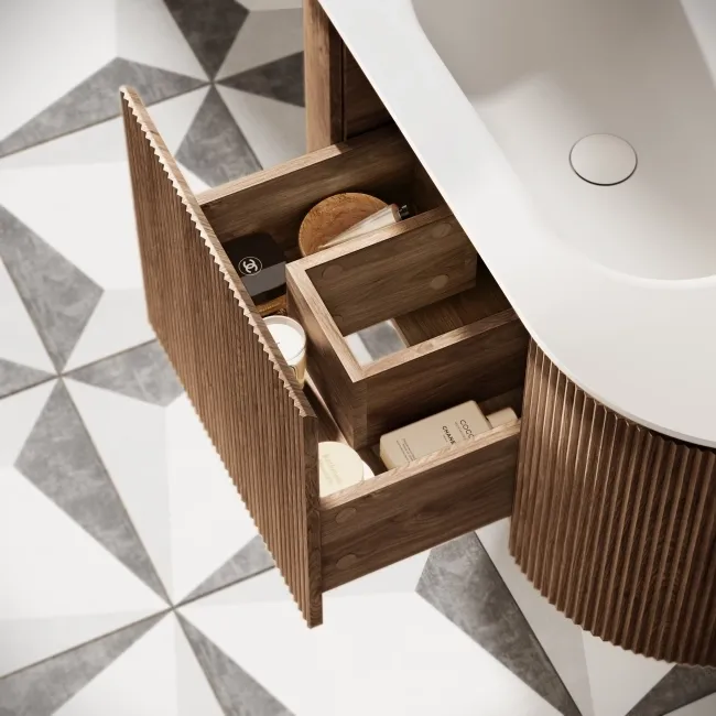 Positano Natural Walnut Curved Wall Hung Basin Drawer Vanity 1000mm