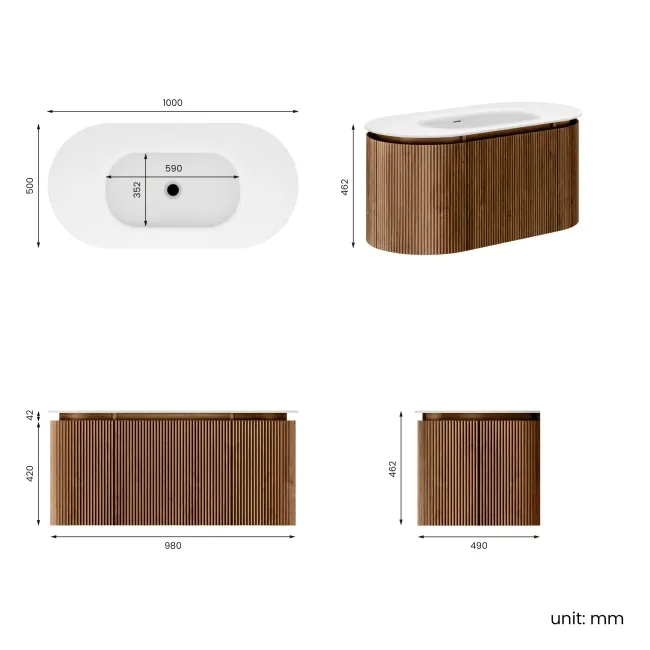 Positano Natural Walnut Curved Wall Hung Basin Drawer Vanity 1000mm