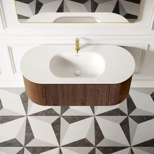 Positano Natural Walnut Curved Wall Hung Basin Drawer Vanity 1200mm